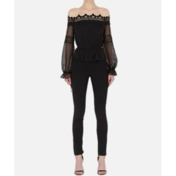 Self Portrait Black Off The Shoulder Jumpsuit Lace Mesh Sleeves Cocktail Size 6